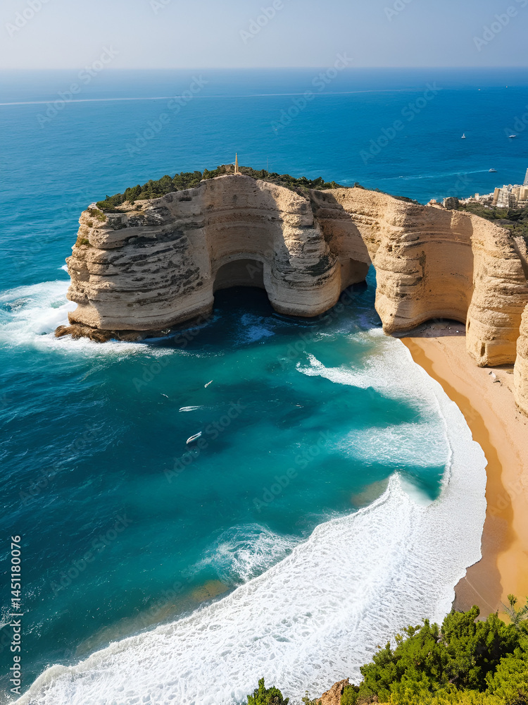 Fototapeta premium Rouche rocks in Beirut, Lebanon in the sea during daytime. Pigeon Rocks in Mediterranean sea.