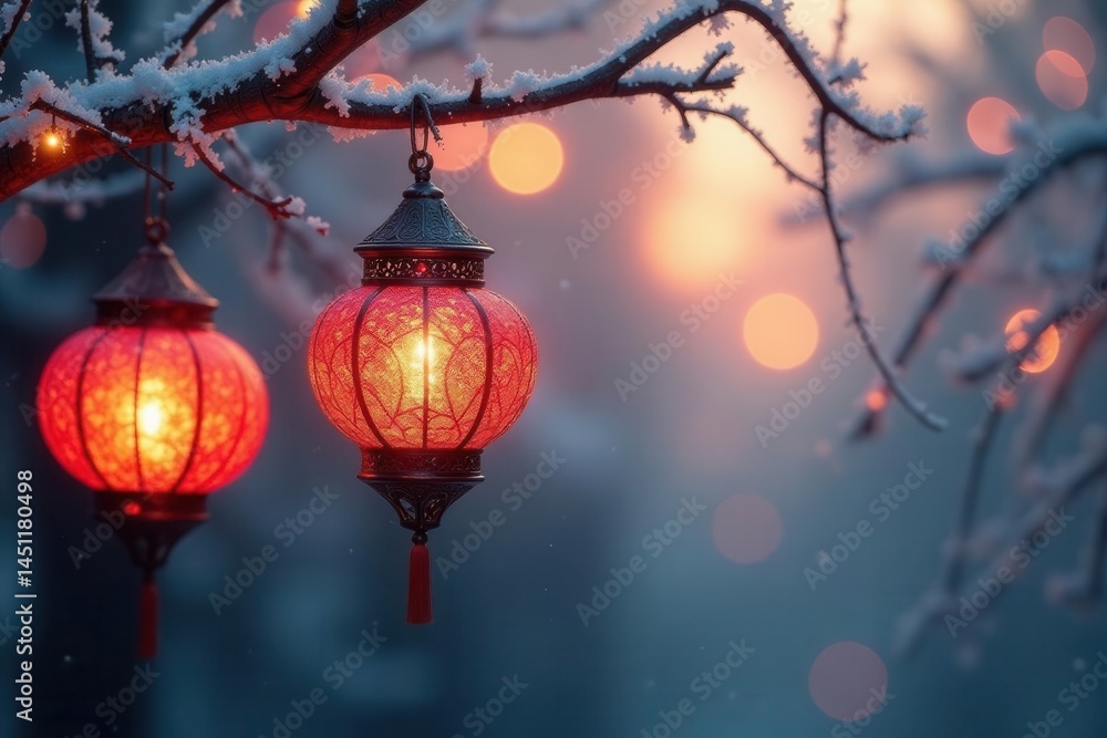 Ornate lanterns hang from frosted branches, casting soft light , soft light, winter wonderland Ornate lanterns hang from frosted branches, casting soft light , soft light, winter wonderland