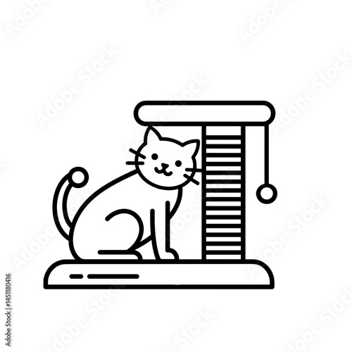 Cat playing beside a scratching post in a minimalistic style  