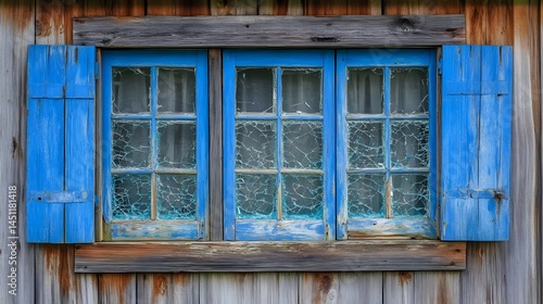 Rustic Blue Window with Cracked Glass and Shutters