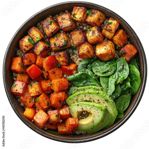 Wallpaper Mural Healthy quinoa bowl with tofu sweet potato spinach and avocado for a balanced vegan meal plan idea on transparent background Torontodigital.ca