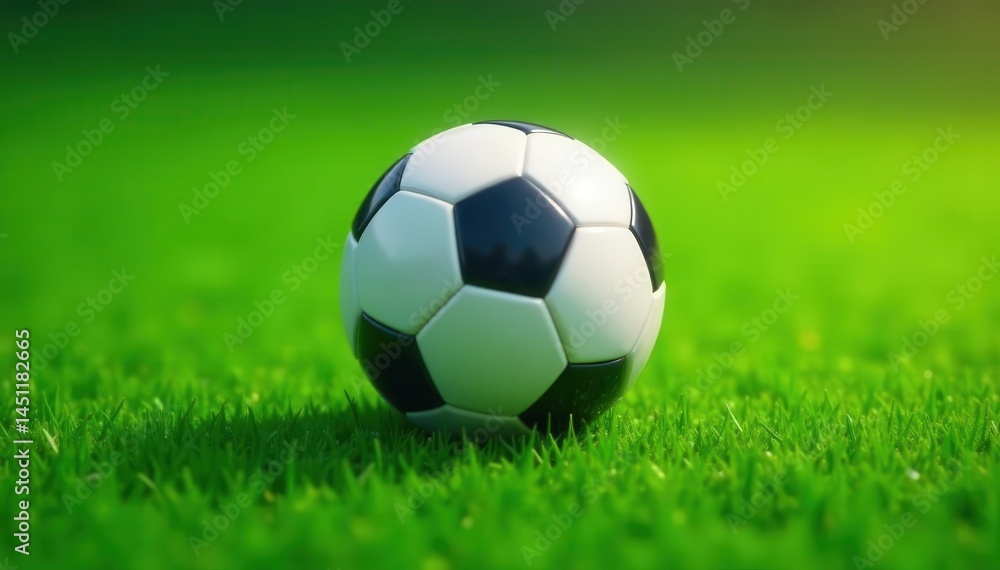 Obraz premium Perfectly centered soccer ball on vibrant green football field Negative space surrounds , championship, sports equipment