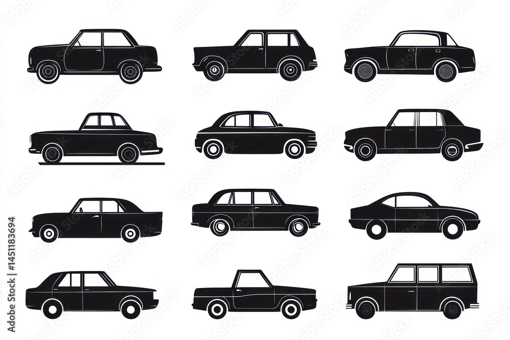 Classic Car Evolution Side Profiles, White Background, Automotive History Illustration Classic Car Evolution Side Profiles, White Background, Automotive History Illustration