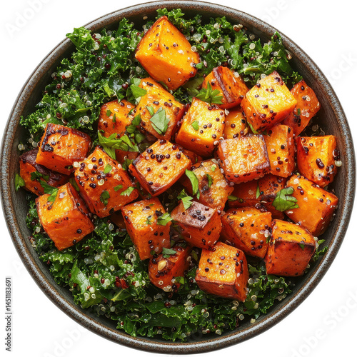 Roasted butternut squash salad recipe with kale and quinoa healthy vegan fall food photography bowl close up on transparent background