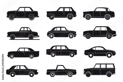 Classic Car Evolution Side Profiles, White Background, Automotive History Illustration