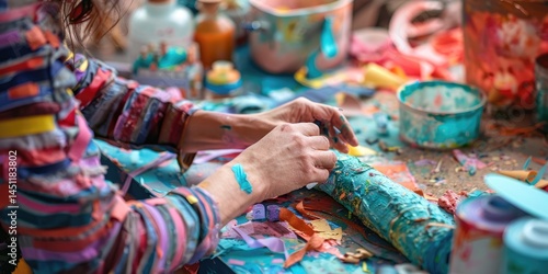 Wallpaper Mural Artisan glue paper with sculpture make paper mache piece at workshop. Skillful artist mock object artwork for decoration by carton. Crafting handmade art with artistic tool and creativity idea. AIG61. Torontodigital.ca