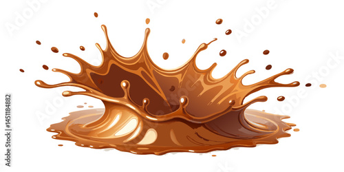 
A rich, glossy brown liquid splash with droplets, resembling chocolate, caramel, or coffee, on a white background.
