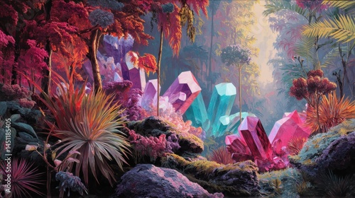 An enchanting fantasy landscape featuring large, vibrant crystals in various shades of pink, blue, and green, amidst lush ferns and tropical plants. The scene is illuminated by soft, ethereal lighting