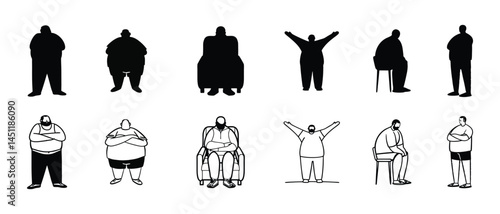 fat man line art icon, fat man silhouette, overweight people vector.