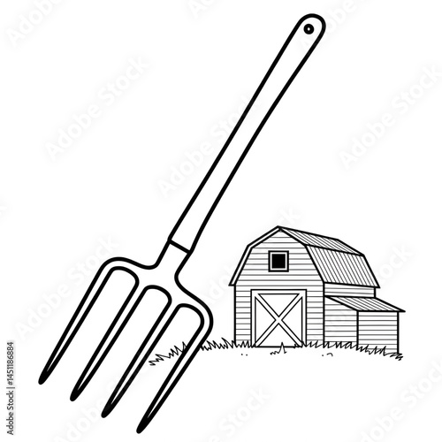A black and white pitchfork illustration line art of a coloring page