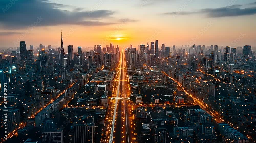 Vibrant Cityscape at Dusk with Illuminated Roads and Skyline Vibrant Cityscape at Dusk with Illuminated Roads and Skyline