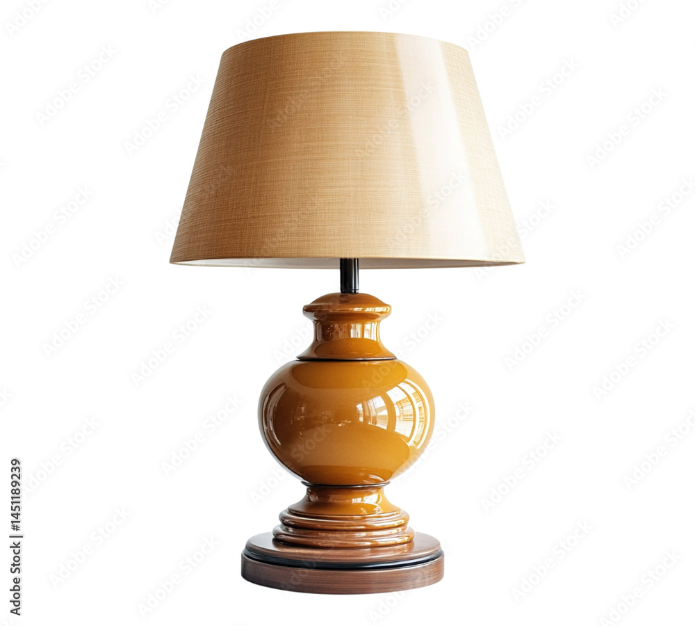 A lamp with a yellow shade sits on a wooden base A lamp with a yellow shade sits on a wooden base