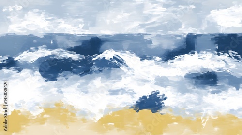 Abstract Ocean Waves Painting Blue White Yellow Seascape Art