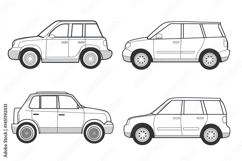 Fototapeta premium Four SUV side view illustrations, white background, design resource