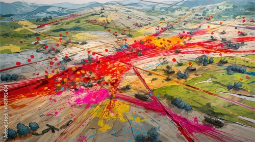An abstract representation of a battle scene, showcasing vibrant colors like red, pink, and yellow swirling across a verdant landscape. The artwork features patterns that suggest motion and chaos, wit