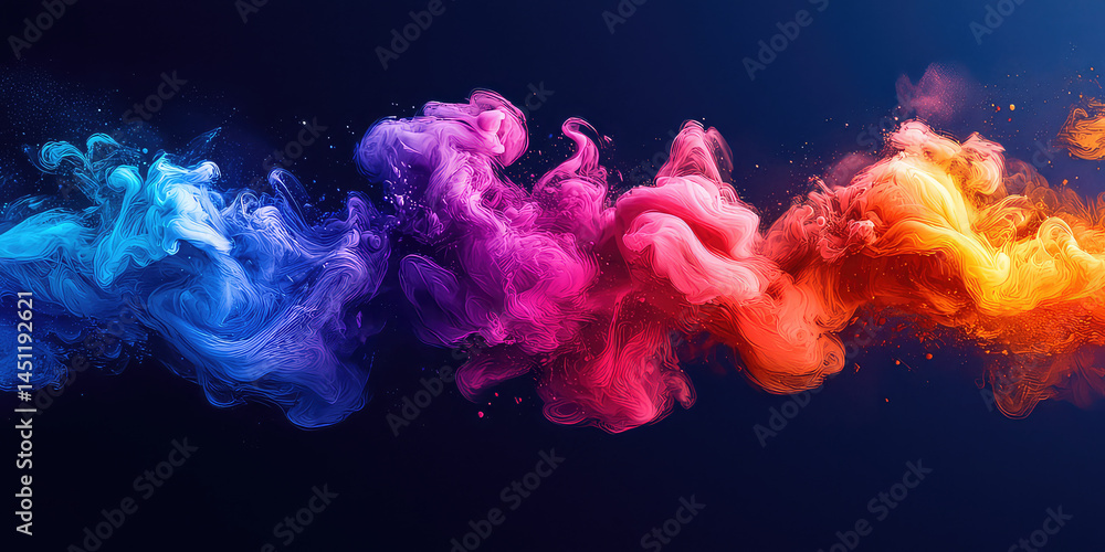 Fototapeta premium Abstract image of colorful smoke or ink flowing from left to right on a dark background