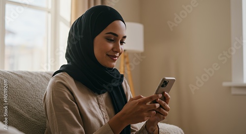 Wallpaper Mural A Smiling Woman in a Hijab Uses Her Smartphone Torontodigital.ca