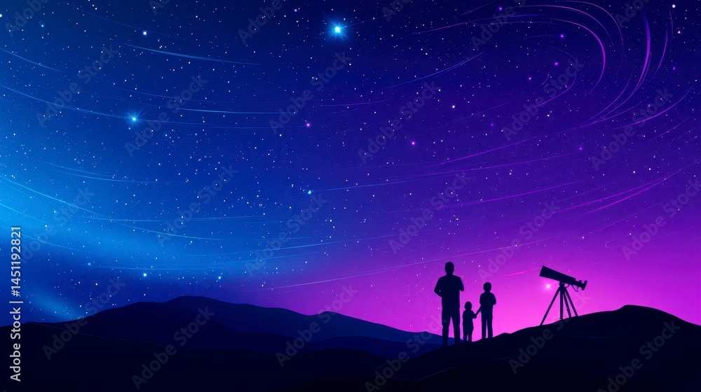 Fototapeta premium A family stargazing under a mesmerizing night sky filled with stars and cosmic wonders, exploring the universe together