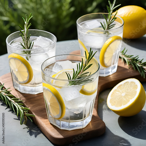 A summer refresher with ice, rosemary, and lemon slices on the garden table
