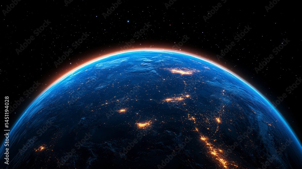 Obraz premium A stunning view of Earth from space highlighting glowing city lights and the delicate atmosphere in the vastness of the universe