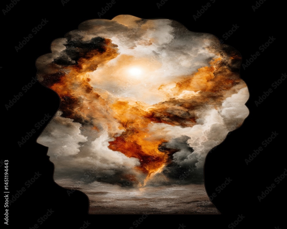 Fototapeta premium Surreal Cosmic Vision with Double Exposure Effect of a Head Silhouette Merging with Space Elements and Dreamy Cloud Patterns