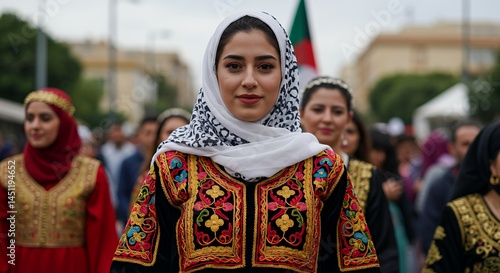 Palestinian Woman in Traditional Dress at a Cultural Event