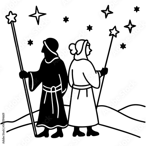 Shepherds Watching the Star – Minimal Vector on White