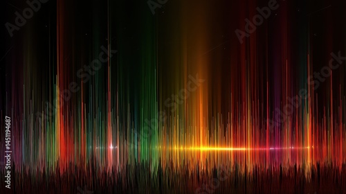 A vibrant digital abstract representation of sound waves, showcasing a myriad of colors including green, red, yellow, and pink, with vertical lines that create a sense of movement and energy against a