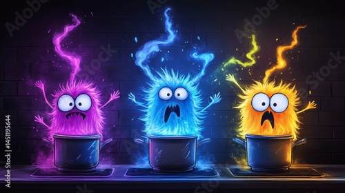 Three colorful, animated, furry creatures react in surprise while bubbling in pots on a stove in a whimsical kitchen setting.