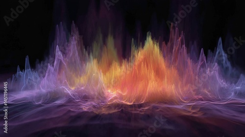 A stunning digital representation of sound waves, showcasing vibrant colors and smooth gradients. The image features peaks and valleys in the waveforms, with hues of purple, orange, yellow, and blue p