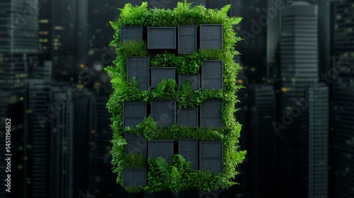 A modern, vertical garden featuring dark boxes and green foliage set against a city skyline background at dusk