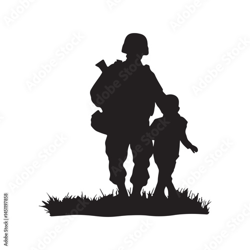 Silhouette of soldier with child vector illustration for memorial day and veterans day graphic design art