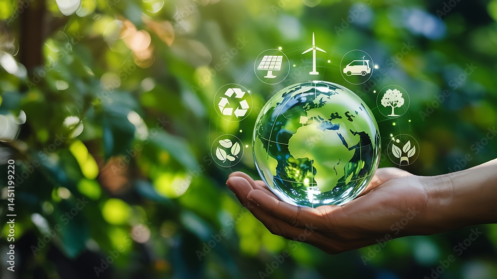 Holding Green Earth Globe Sustainable Energy And Ecology Concept Environmental Awareness In Palm Of Hand With Icons Of Renewable Resources And Recycling Holding Green Earth Globe Sustainable Energy And Ecology Concept Environmental Awareness In Palm Of Hand With Icons Of Renewable Resources And Recycling