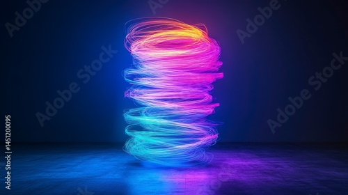 A vibrant swirl of neon light spiraling upward in a darkened space, creating an otherworldly and captivating ambiance.