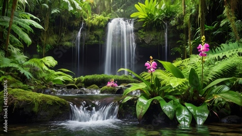 Serene Rainforest Oasis: Lush Waterfall Scene with Tropical Flora Abundance