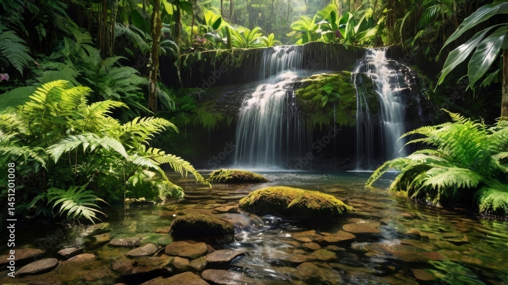 Tranquil Waterfall Scene Surrounded by Lush Green Foliage and Serene Water Tranquil Waterfall Scene Surrounded by Lush Green Foliage and Serene Water