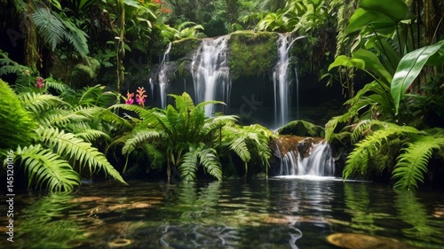 Tranquil Waterfall Scene in a Lush, Verdant Rainforest Environment