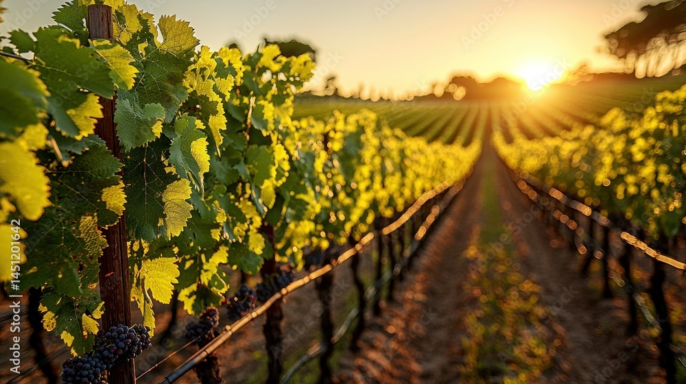 Naklejka premium Sun-kissed vineyard panorama capturing the essence of agricultural tranquility