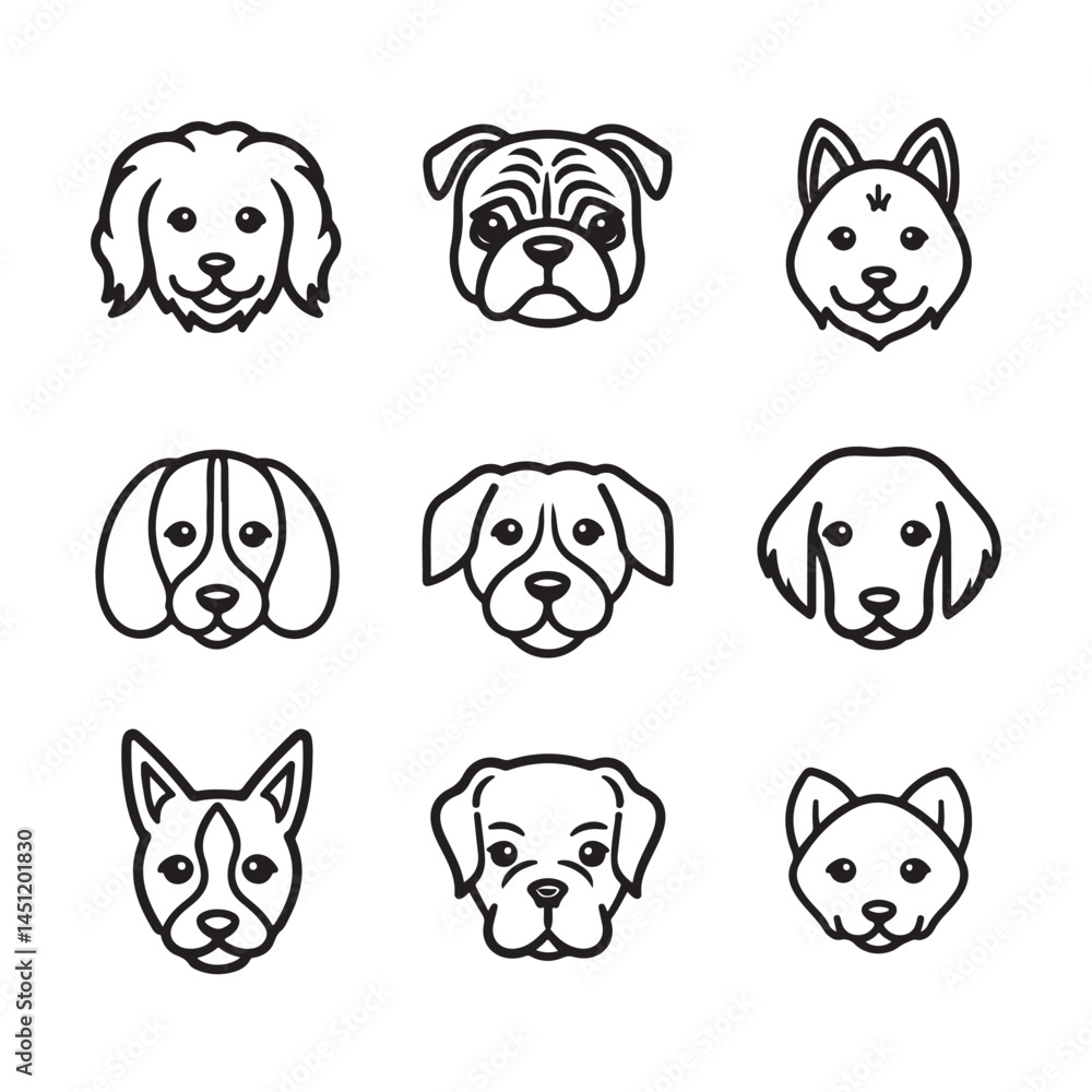 Dog breeds vector icons puppy faces set collection cute pet animal head line art illustration graphic design silhouette Dog breeds vector icons puppy faces set collection cute pet animal head line art illustration graphic design silhouette