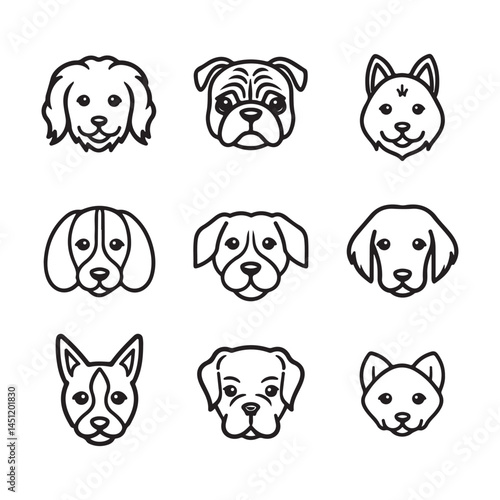 Dog breeds vector icons puppy faces set collection cute pet animal head line art illustration graphic design silhouette