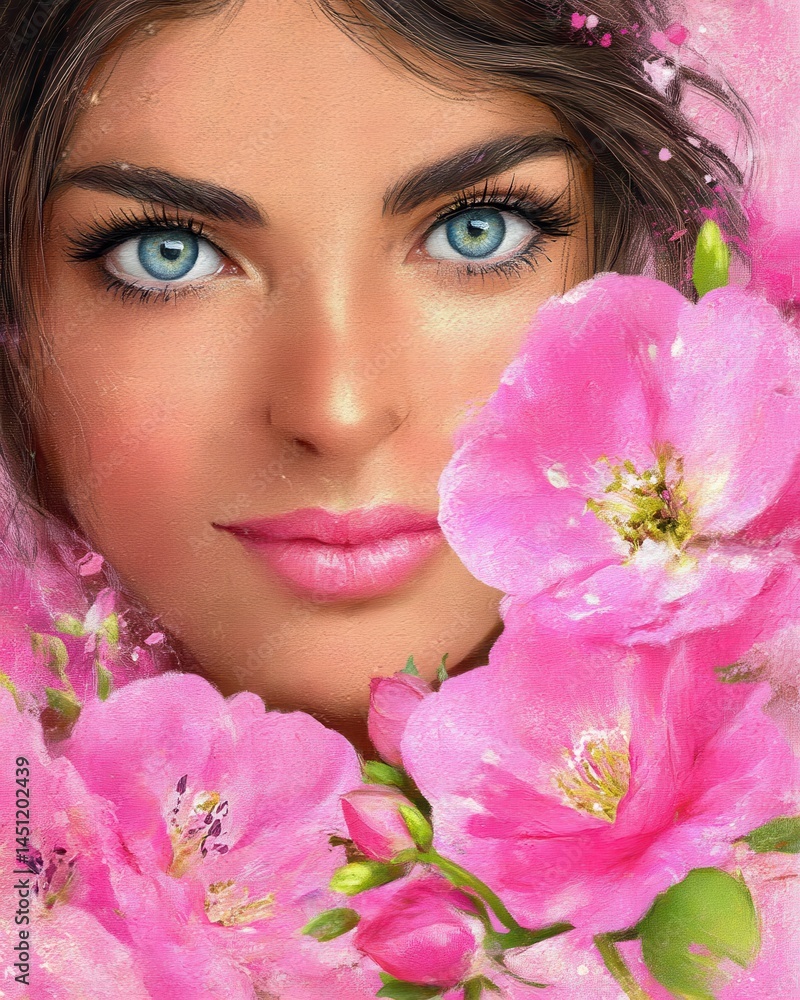 Captivating Double Exposure Portrait of a Woman Surrounded by Lush Pink Floral Blooms and Vibrant Blossoms Captivating Double Exposure Portrait of a Woman Surrounded by Lush Pink Floral Blooms and Vibrant Blossoms