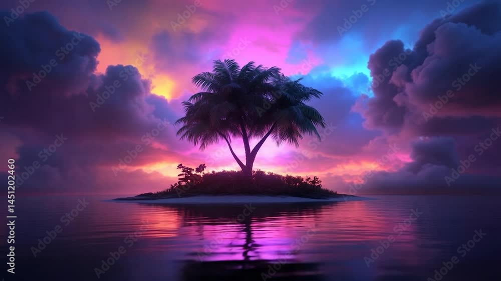 A serene island with a palm tree silhouetted against a vibrant sunset. The water reflects the colorful sky creating a tranquil and dreamy scene A serene island with a palm tree silhouetted against a vibrant sunset. The water reflects the colorful sky creating a tranquil and dreamy scene