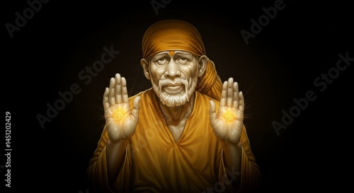 Spiritual figure portrait radiating calmness and divine light on dark backdrop