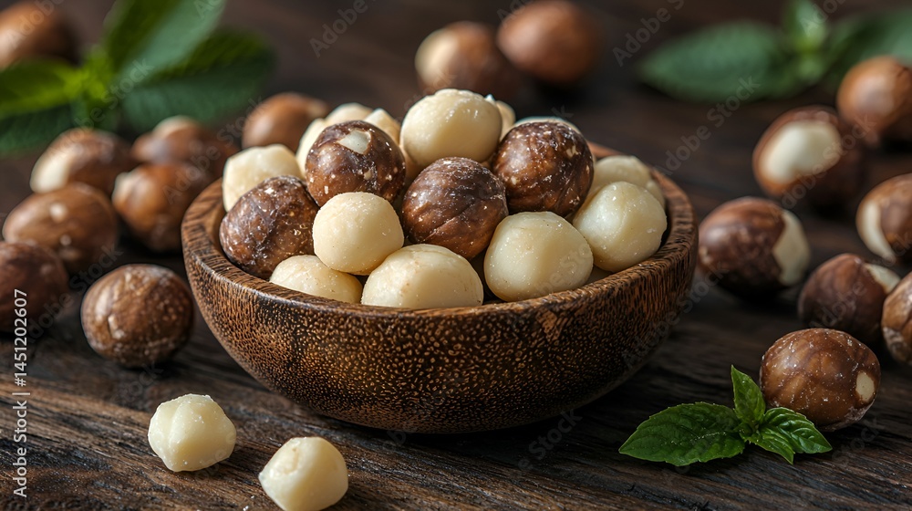 Roasted macadamia nuts in a wooden bowl with mint leaves. Roasted macadamia nuts in a wooden bowl with mint leaves.