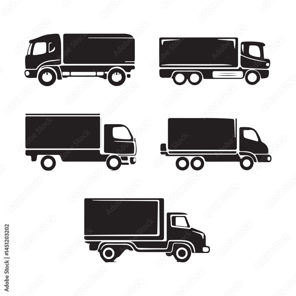 Delivery truck vector set black and white illustration transportation vehicle logistics freight service design silhouette Delivery truck vector set black and white illustration transportation vehicle logistics freight service design silhouette