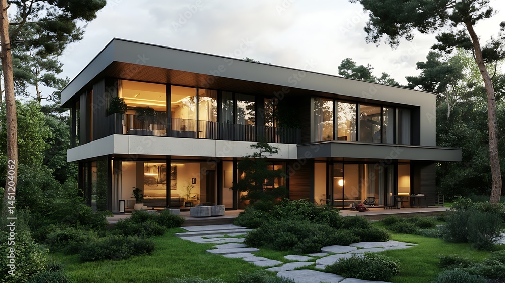 Fototapeta premium Modern Luxury Home Design: Two-Story House in a Wooded Setting
