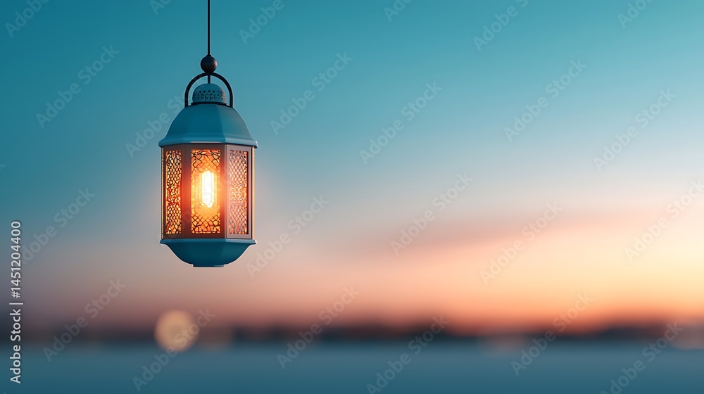 Ornamental Lantern Hanging at Sunset, Ramadan Background Ornamental Lantern Hanging at Sunset, Ramadan Background