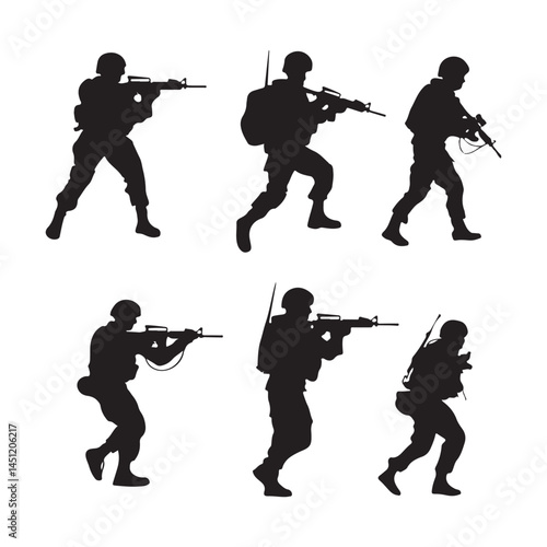 Soldier silhouette vector art: military army combat soldiers with rifles assault weapon illustration art