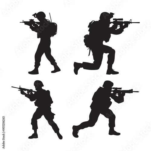 Soldier silhouette vector art: military army special forces combat gun rifle weapon war troops action poses