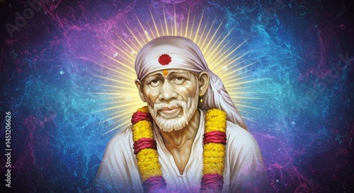 Serene Portrait of Indian Spiritual Guru Shirdi Sai Baba with Light Radiance